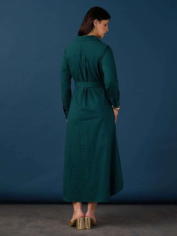Globus Women Green Collared Neck Cuff Sleeves Chest Patch Pocket Shirt Style A-Line Midi Workwear Dress With Belt