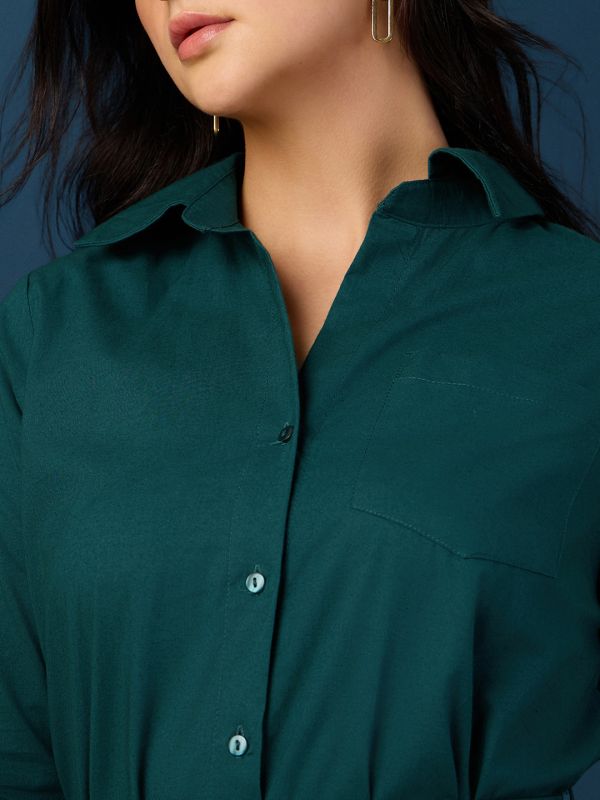 Globus Women Green Collared Neck Cuff Sleeves Chest Patch Pocket Shirt Style A-Line Midi Workwear Dress With Belt