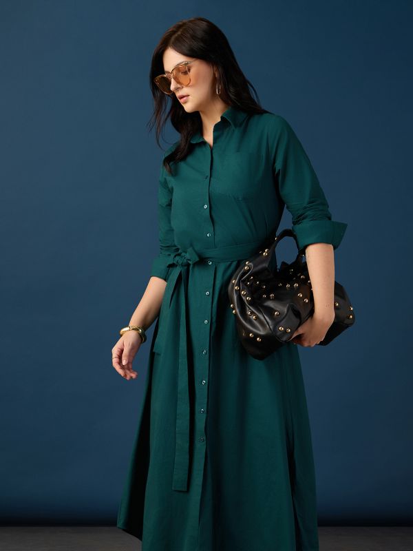Globus Women Green Collared Neck Cuff Sleeves Chest Patch Pocket Shirt Style A-Line Midi Workwear Dress With Belt