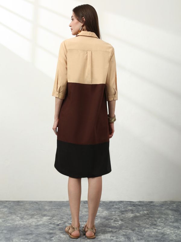 Globus Women Brown Collared Neck Pleated Colorblock A-Line Midi Workwear Dress