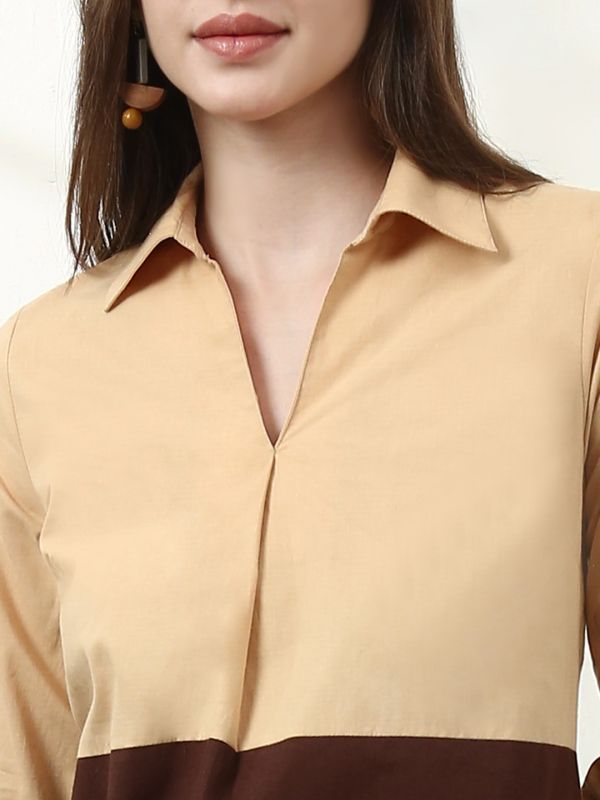 Globus Women Brown Collared Neck Pleated Colorblock A-Line Midi Workwear Dress