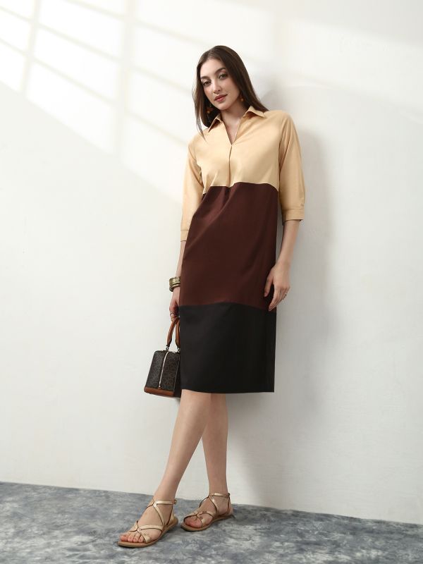 Globus Women Brown Collared Neck Pleated Colorblock A-Line Midi Workwear Dress