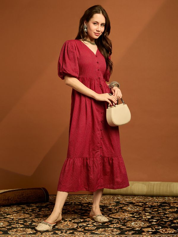 Globus Women Maroon V-neck Puff Sleeves Cambric Cotton Striped Tiered Fit & Flare Midi Dress