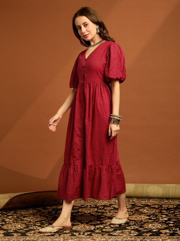 Globus Women Maroon V-neck Puff Sleeves Cambric Cotton Striped Tiered Fit & Flare Midi Dress