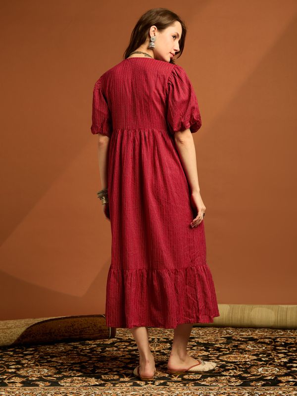 Globus Women Maroon V-neck Puff Sleeves Cambric Cotton Striped Tiered Fit & Flare Midi Dress
