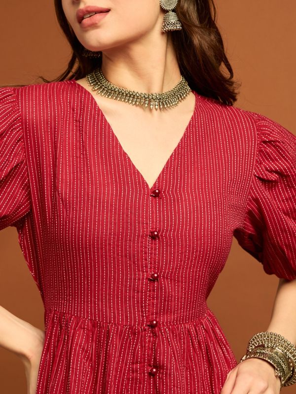 Globus Women Maroon V-neck Puff Sleeves Cambric Cotton Striped Tiered Fit & Flare Midi Dress