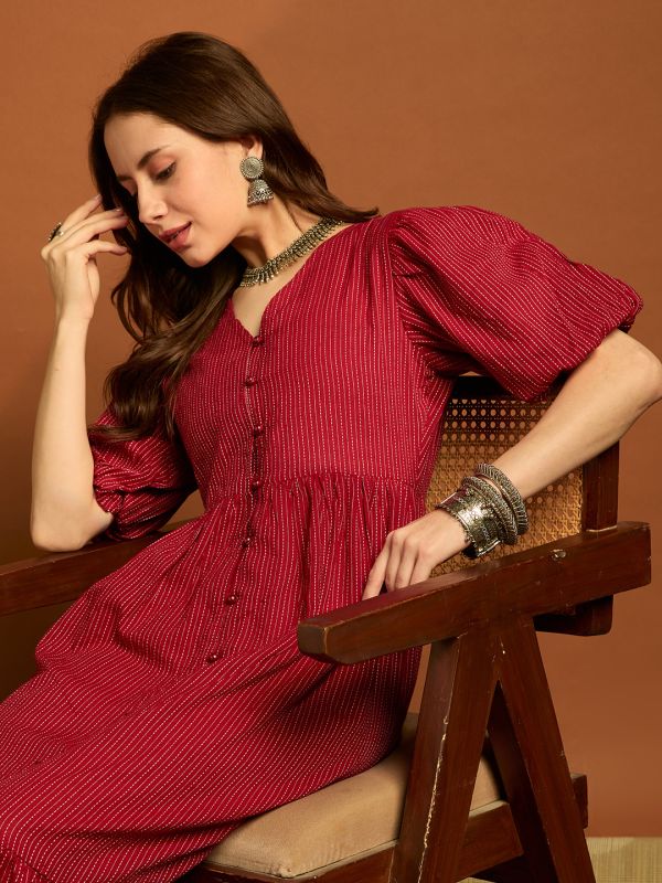 Globus Women Maroon V-neck Puff Sleeves Cambric Cotton Striped Tiered Fit & Flare Midi Dress