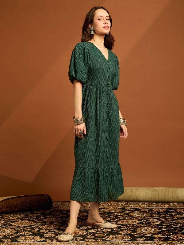 Globus Women Green V-neck Puff Sleeves Cambric Cotton Striped Tiered Fit & Flare Midi Dress