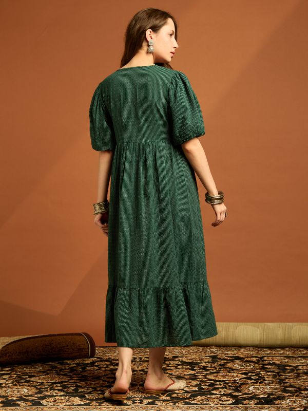 Globus Women Green V-neck Puff Sleeves Cambric Cotton Striped Tiered Fit & Flare Midi Dress