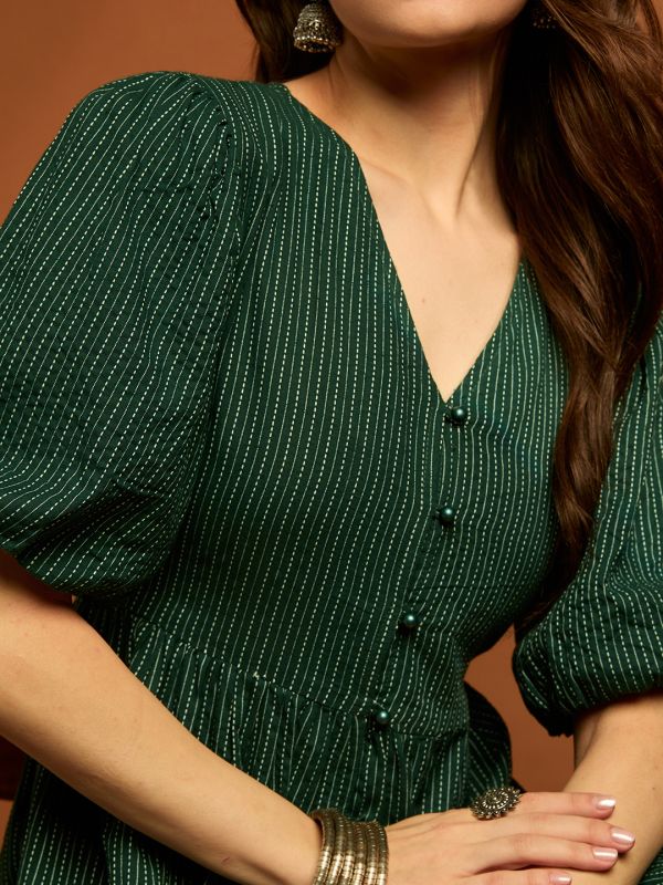 Globus Women Green V-neck Puff Sleeves Cambric Cotton Striped Tiered Fit & Flare Midi Dress