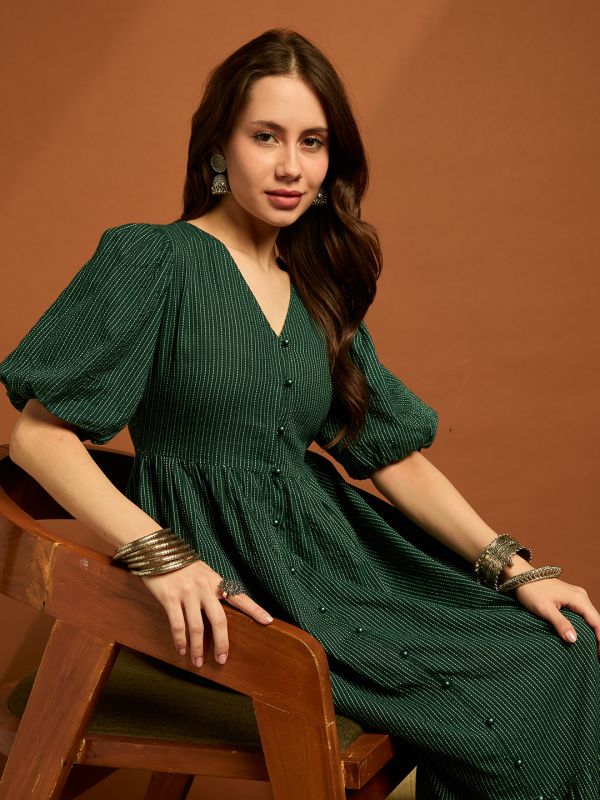 Globus Women Green V-neck Puff Sleeves Cambric Cotton Striped Tiered Fit & Flare Midi Dress
