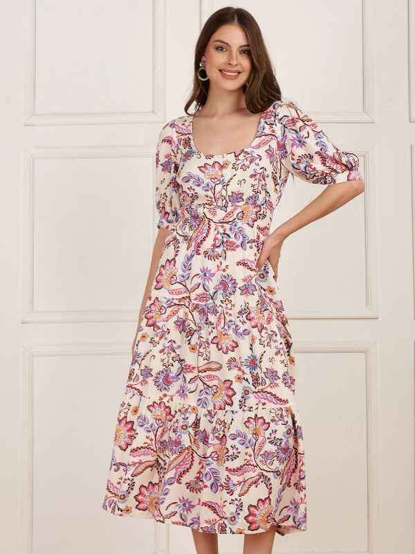 Globus Women White Square Neck Puff Sleeves Floral Printed Flared Midi Dress