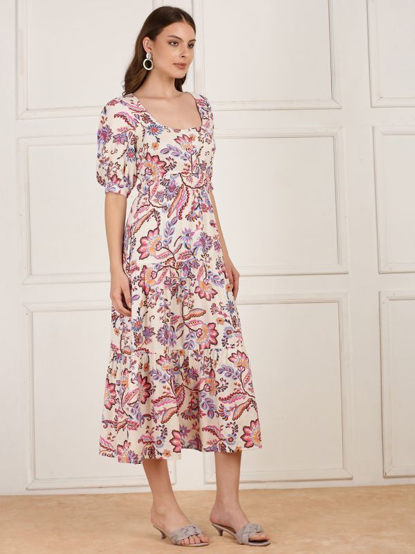 Globus Women White Square Neck Puff Sleeves Floral Printed Flared Midi Dress
