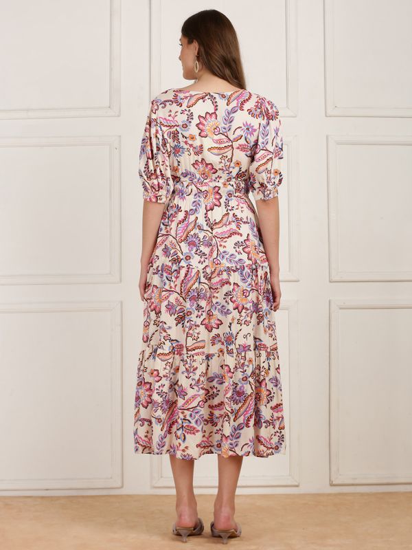 Globus Women White Square Neck Puff Sleeves Floral Printed Flared Midi Dress