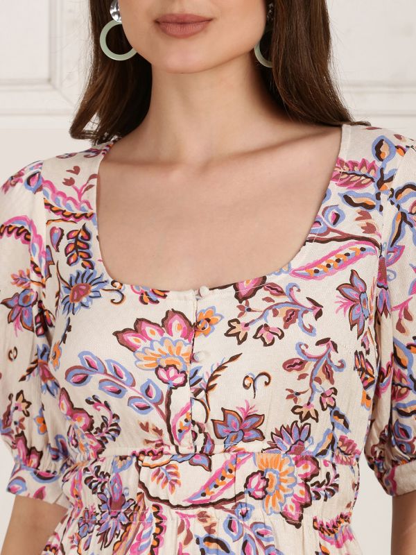 Globus Women White Square Neck Puff Sleeves Floral Printed Flared Midi Dress