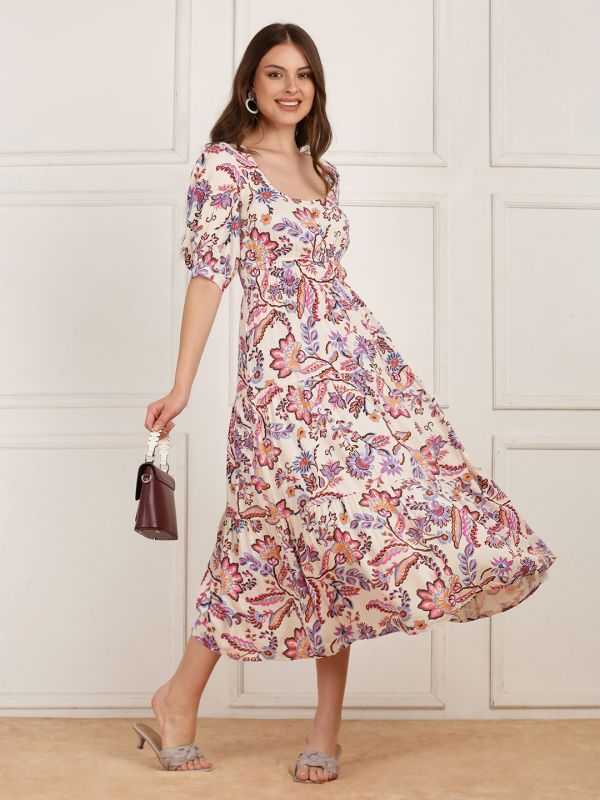 Globus Women White Square Neck Puff Sleeves Floral Printed Flared Midi Dress