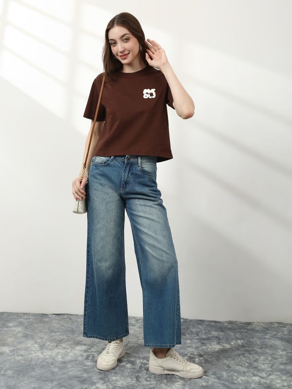 Globus Women Brown Round Neck Short Sleeves Graphic Print Relaxed Fit T-Shirt