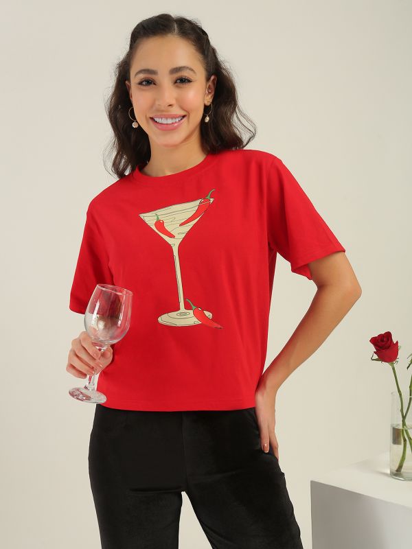 Globus Women Red Round Neck Short Sleeves Graphic Print Oversized Fit T-Shirt