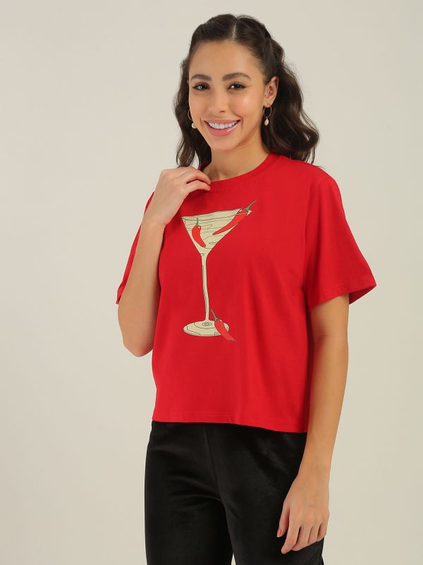 Globus Women Red Round Neck Short Sleeves Graphic Print Oversized Fit T-Shirt