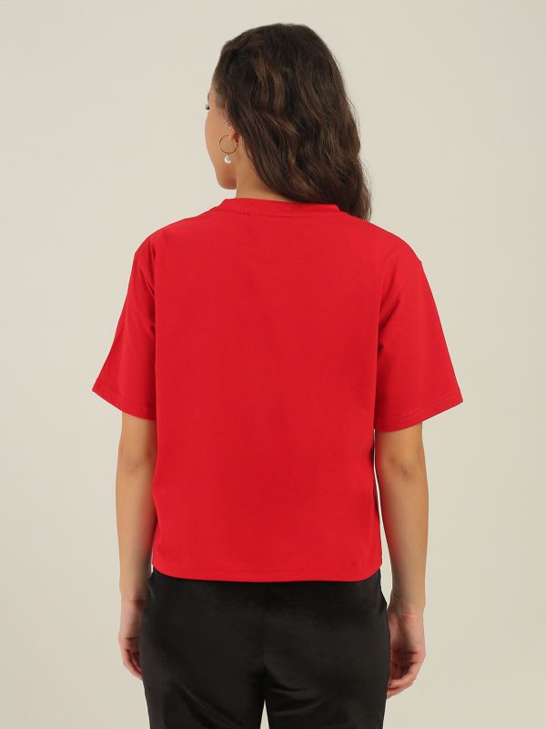 Globus Women Red Round Neck Short Sleeves Graphic Print Oversized Fit T-Shirt