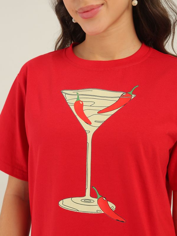 Globus Women Red Round Neck Short Sleeves Graphic Print Oversized Fit T-Shirt