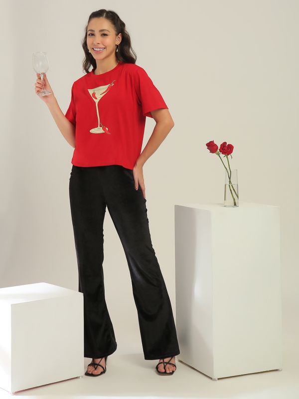 Globus Women Red Round Neck Short Sleeves Graphic Print Oversized Fit T-Shirt