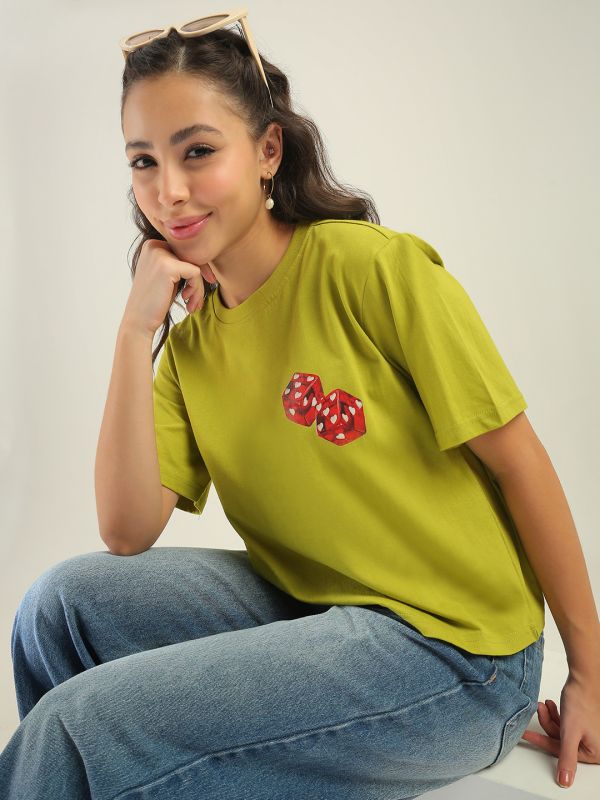 Globus Women Green Round Neck Short Sleeves Graphic Print Oversized Fit T-Shirt