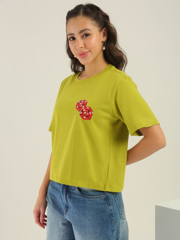 Globus Women Green Round Neck Short Sleeves Graphic Print Oversized Fit T-Shirt