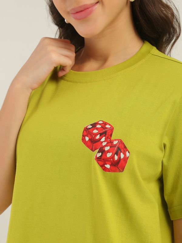 Globus Women Green Round Neck Short Sleeves Graphic Print Oversized Fit T-Shirt