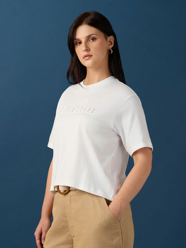 Globus Women White Round Neck Drop Shoulder Sleeves Cutwork Embroidery Detail Crop T-Shirt