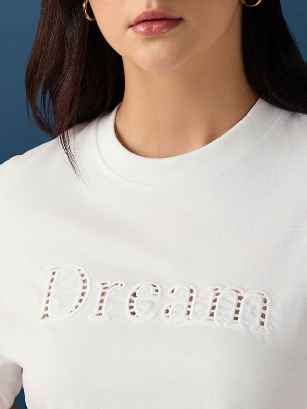 Globus Women White Round Neck Drop Shoulder Sleeves Cutwork Embroidery Detail Crop T-Shirt