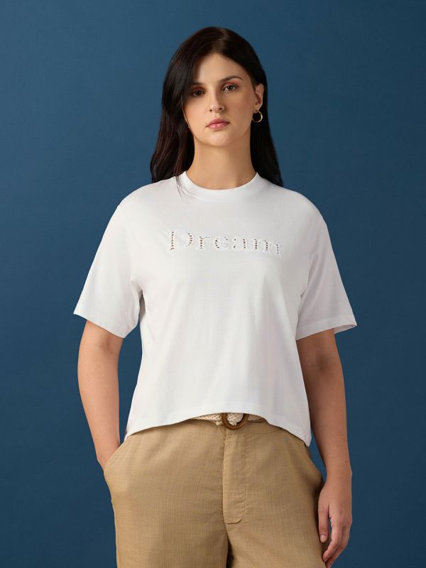 Globus Women White Round Neck Drop Shoulder Sleeves Cutwork Embroidery Detail Crop T-Shirt