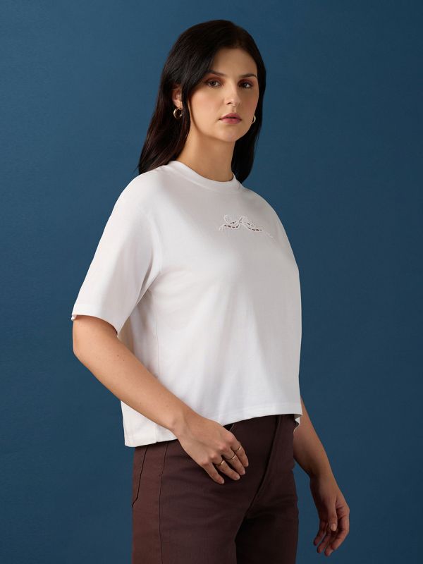 Globus Women White Round Neck Drop Shoulder Sleeves Cutwork Embroidery Detail Boxy Crop T-Shirt