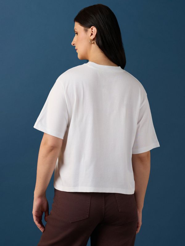 Globus Women White Round Neck Drop Shoulder Sleeves Cutwork Embroidery Detail Boxy Crop T-Shirt