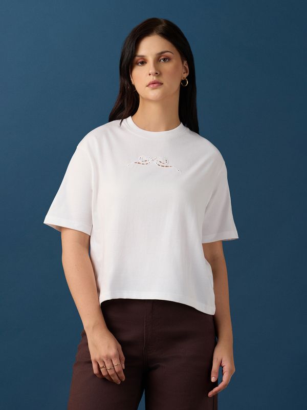 Globus Women White Round Neck Drop Shoulder Sleeves Cutwork Embroidery Detail Boxy Crop T-Shirt