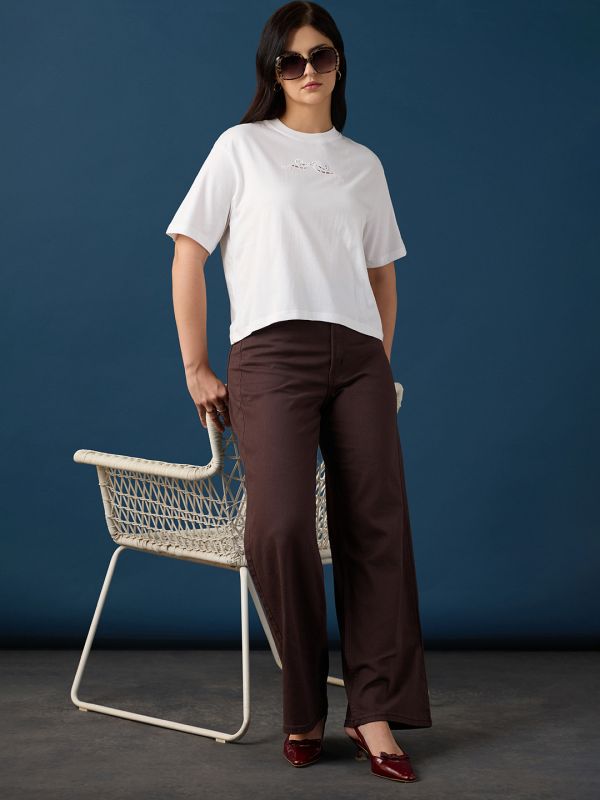 Globus Women White Round Neck Drop Shoulder Sleeves Cutwork Embroidery Detail Boxy Crop T-Shirt