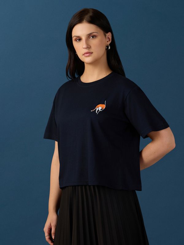 Globus Women Navy Round Neck Drop Shoulder Sleeves Graphic Embroidered T-Shirt