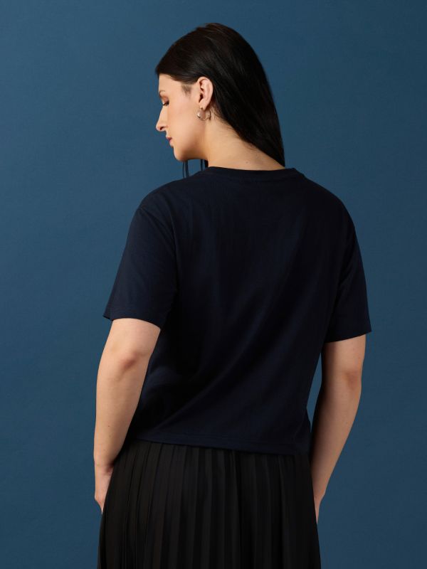 Globus Women Navy Round Neck Drop Shoulder Sleeves Graphic Embroidered T-Shirt