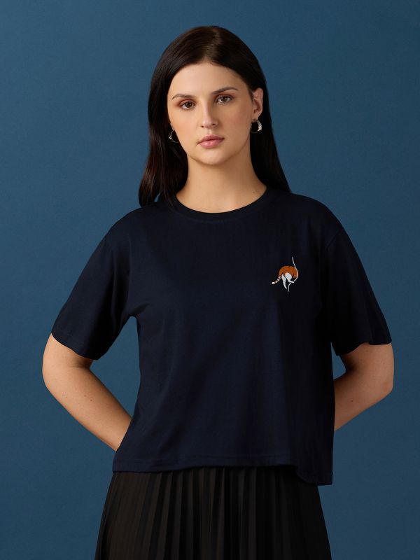 Globus Women Navy Round Neck Drop Shoulder Sleeves Graphic Embroidered T-Shirt