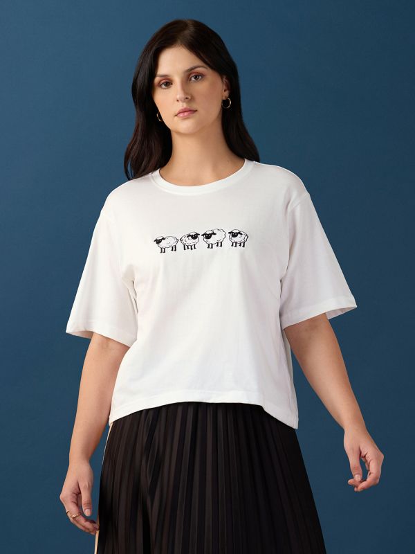 Globus Women White Round Neck Drop Shoulder Sleeves Graphic Embroidered Crop T-Shirt