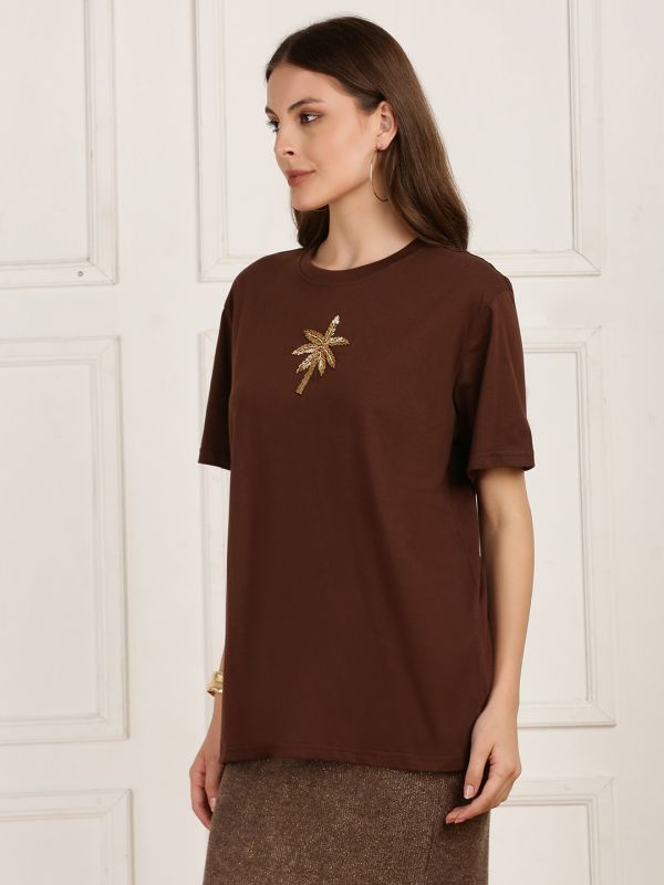 Globus Women Brown Round Neck Drop Shoulder Sleeves Tropical Bugle Bead Work Print Oversized T-Shirt