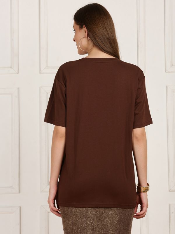 Globus Women Brown Round Neck Drop Shoulder Sleeves Tropical Bugle Bead Work Print Oversized T-Shirt
