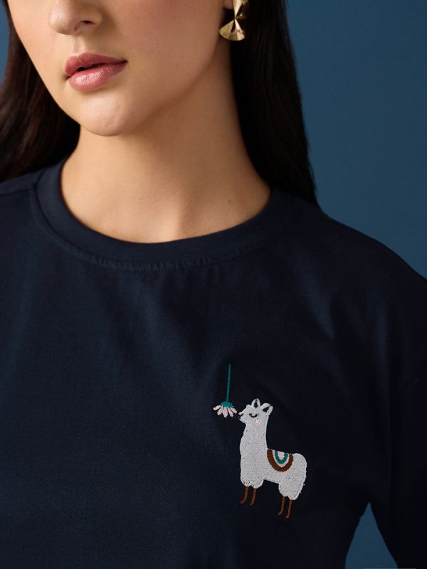 Globus Women Blue Round Neck Drop Shoulder Sleeves Graphic Embroidered T-Shirt