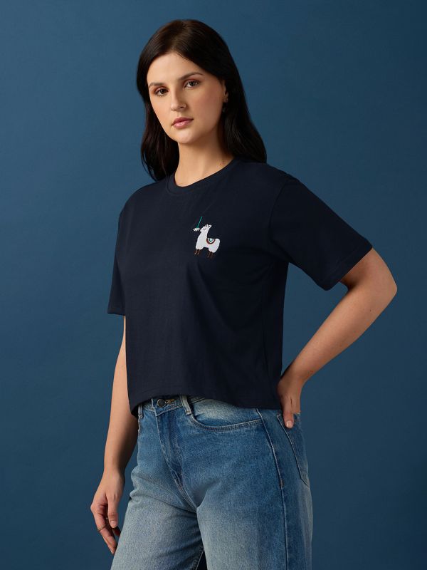 Globus Women Blue Round Neck Drop Shoulder Sleeves Graphic Embroidered T-Shirt