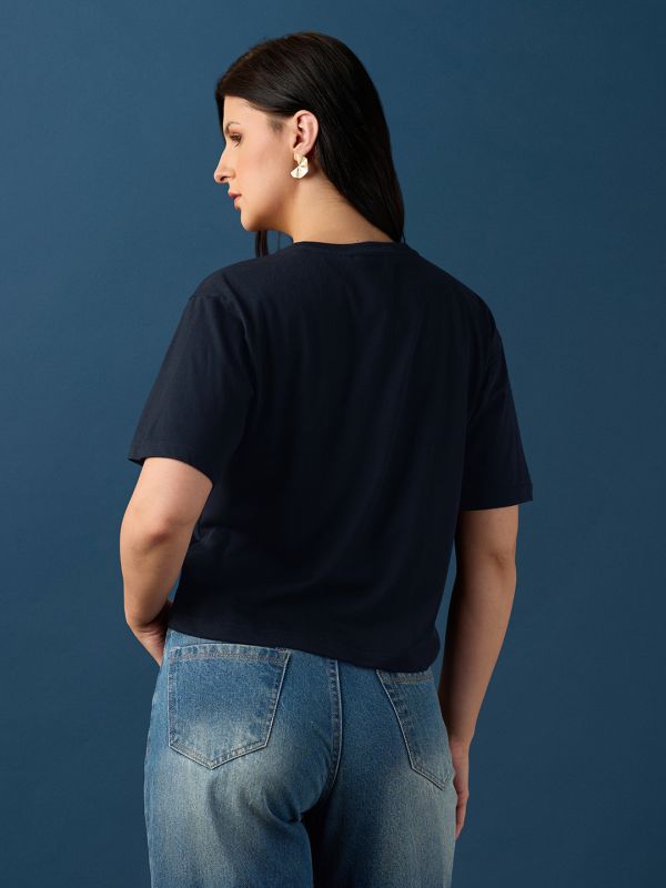 Globus Women Blue Round Neck Drop Shoulder Sleeves Graphic Embroidered T-Shirt
