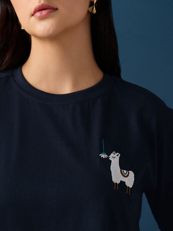 Globus Women Blue Round Neck Drop Shoulder Sleeves Graphic Embroidered T-Shirt