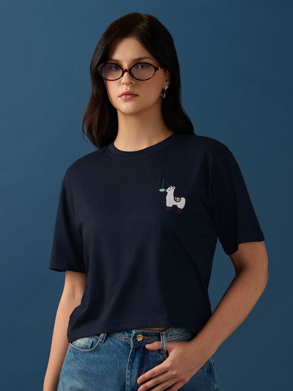 Globus Women Blue Round Neck Drop Shoulder Sleeves Graphic Embroidered T-Shirt