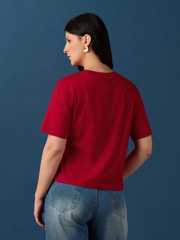 Globus Women Red Round Neck Drop Shoulder Sleeves Graphic Embroidered Crop T-Shirt