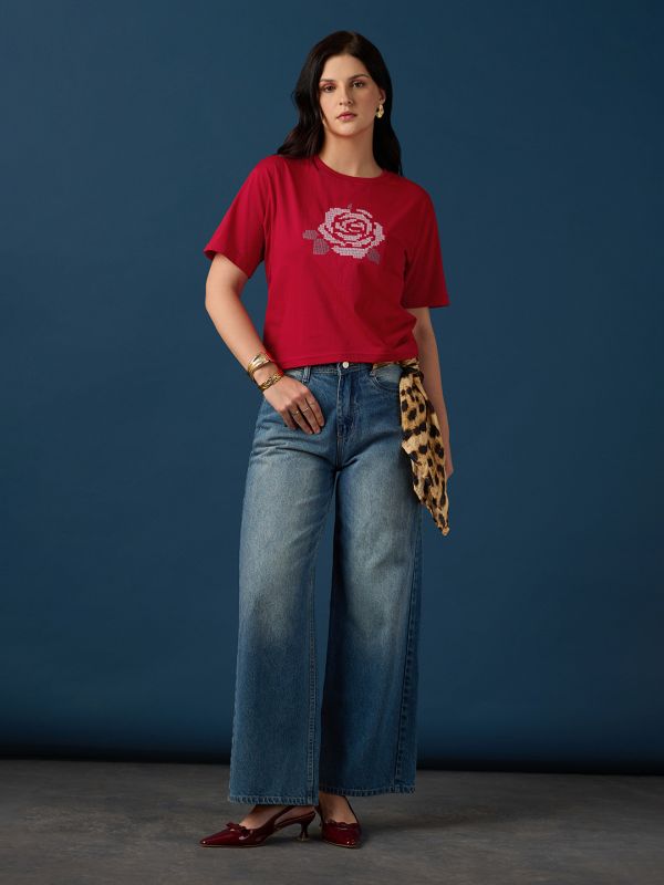Globus Women Red Round Neck Drop Shoulder Sleeves Graphic Embroidered Crop T-Shirt