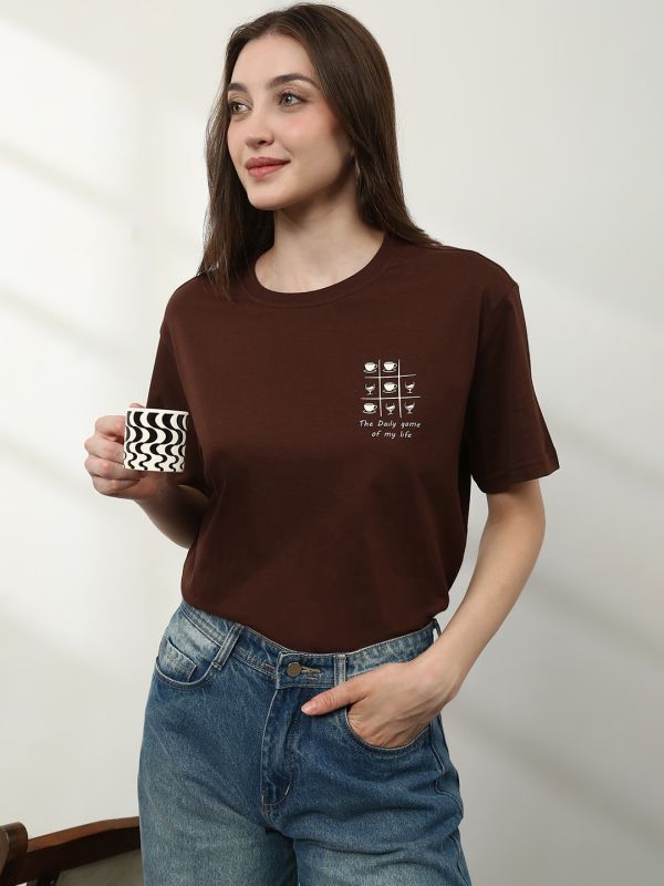 Globus Women Brown Round Neck Short Sleeves Graphic Print Relaxed Fit  T-Shirt